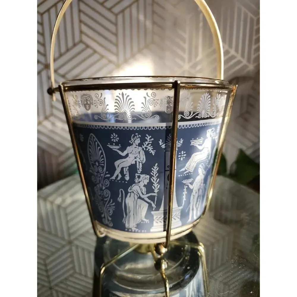 Vintage Jeannette Wedgwood Grecian Blue Hellenic Greek Roman Ice/Snack Bucket